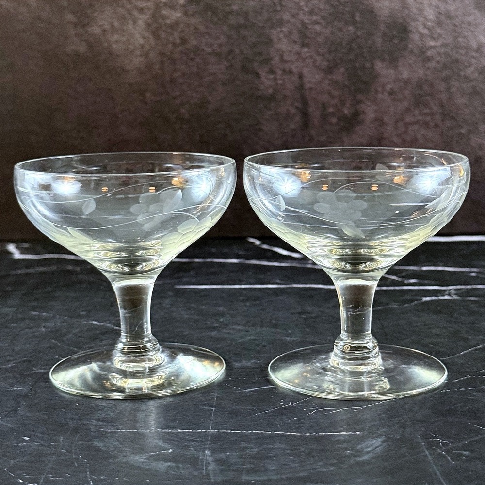 VTG PAIR Etched Crystal Sherbet Champagne Coupes Grape Motif 3.5in MINT!